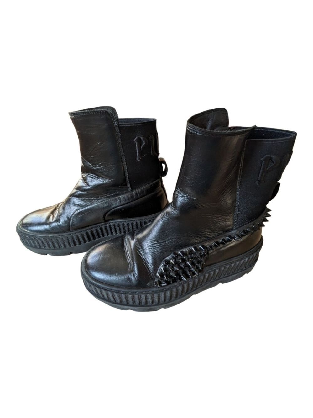 Fenty - PUMA Collab Black Studded Leather Platform Moto Boots Size 6